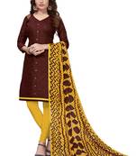 Brown Embroidered Cotton Blend Unstitched Salwar With Dupatta