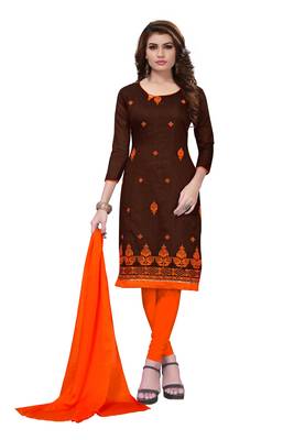 Brown Embroidered Chanderi Unstitched Salwar With Dupatta 1