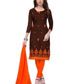 Brown Embroidered Chanderi Unstitched Salwar With Dupatta