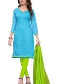 Sky Blue Embroidered Chanderi Unstitched Salwar With Dupatta