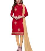 Red Embroidered Chanderi Unstitched Salwar With Dupatta