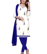 White Embroidered Cotton Blend Unstitched Salwar With Dupatta
