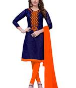 Blue Embroidered Chanderi Unstitched Salwar With Dupatta
