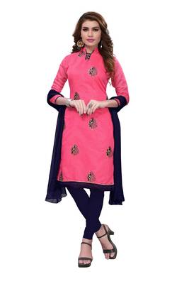 Pink Embroidered Chanderi Unstitched Salwar With Dupatta 1