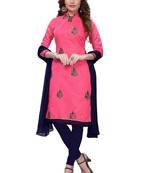 Pink Embroidered Chanderi Unstitched Salwar With Dupatta