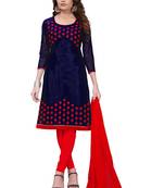 Navy Blue Embroidered Chanderi Unstitched Salwar With Dupatta
