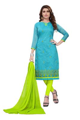 Sky Blue Embroidered Chanderi Unstitched Salwar With Dupatta 1