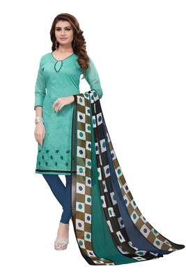 Sea Green Embroidered Chanderi Unstitched Salwar With Dupatta 1