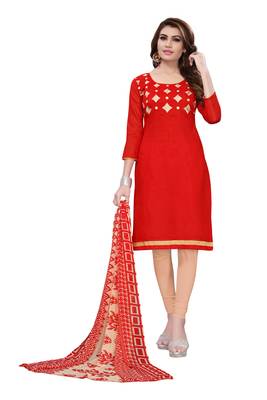 Red Embroidered Chanderi Unstitched Salwar With Dupatta 1