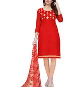 Red Embroidered Chanderi Unstitched Salwar With Dupatta