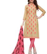 Beige Embroidered Chanderi Unstitched Salwar With Dupatta