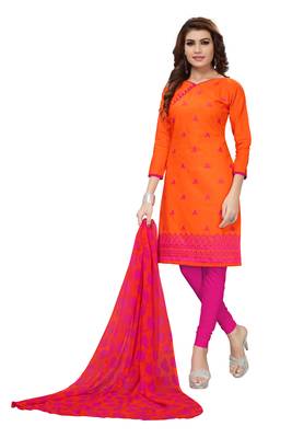 Orange Embroidered Chanderi Unstitched Salwar With Dupatta 1