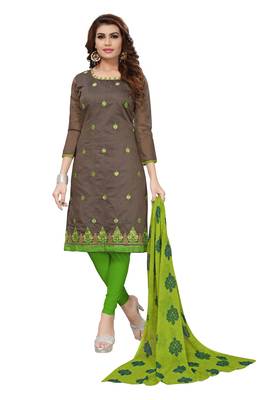 Dark Grey Embroidered Chanderi Unstitched Salwar With Dupatta 1