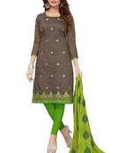 Dark Grey Embroidered Chanderi Unstitched Salwar With Dupatta