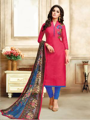 Pink Embroidered Chanderi Cotton  Unstitched Salwar With Dupatta 1