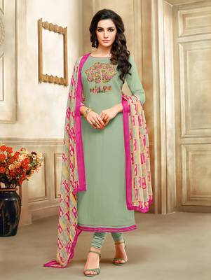 Olive Green Embroidered Chanderi  Unstitched Salwar With Dupatta 1