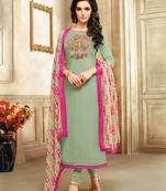 Olive Green Embroidered Chanderi  Unstitched Salwar With Dupatta