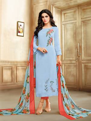 Sky Blue Embroidered Chanderi Unstitched Salwar With Dupatta 1