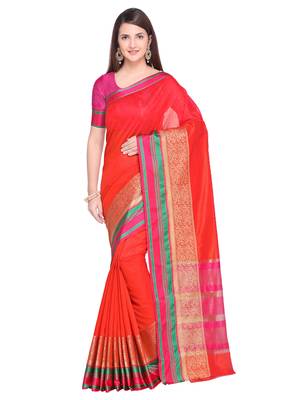 Red Woven Tussar Silk Saree With Blouse 1