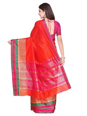 Red Woven Tussar Silk Saree With Blouse 3