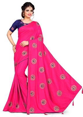 Women's Pink Silk Embroidered Two Tone Saree With Contrast Color Blouse 1