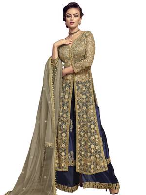 Beige embroidered net salwar with dupatta 1