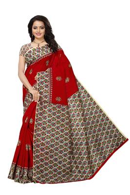 Red printed art silk saree with blouse 1