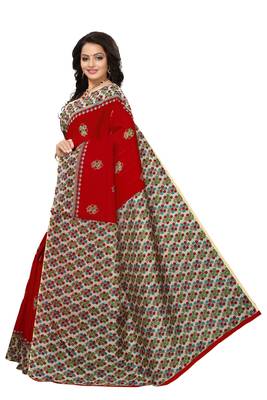 Red printed art silk saree with blouse 2