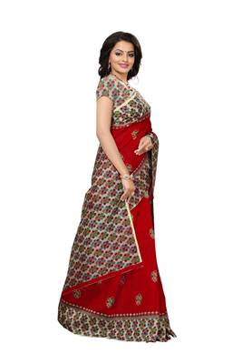 Red printed art silk saree with blouse 3