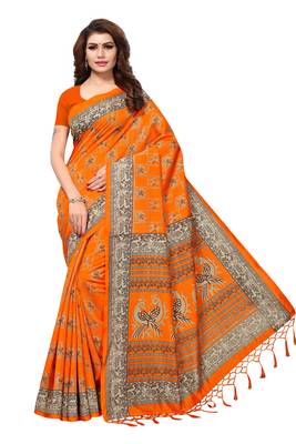 Beige printed polycotton saree with blouse 1