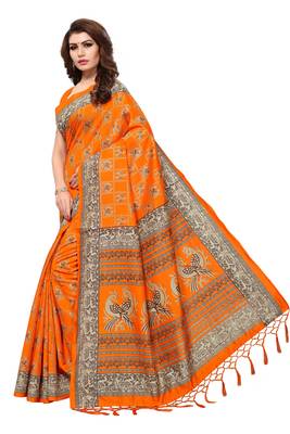 Beige printed polycotton saree with blouse 2