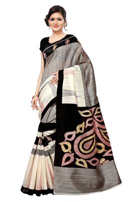 Grey printed bhagalpuri silk saree with blouse 1