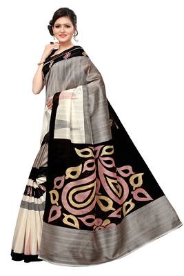 Grey printed bhagalpuri silk saree with blouse 2