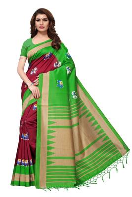 Brown printed art silk saree with blouse 1