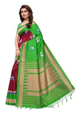 Brown printed art silk saree with blouse 2