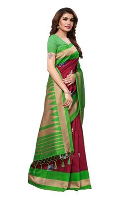 Brown printed art silk saree with blouse 3