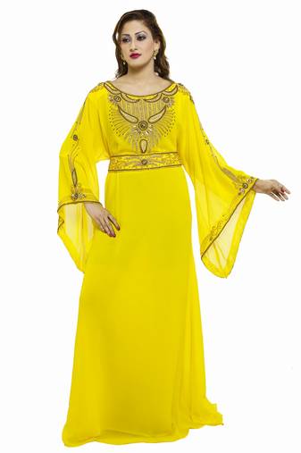 Yellow Royal  Moroccan Beautiful Zari Work Jilbab Jalabiya Kaftan Dress