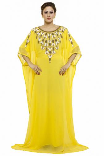 Yellow Gandura Moroccan Arabic Traditional Party Thobe Kaftan