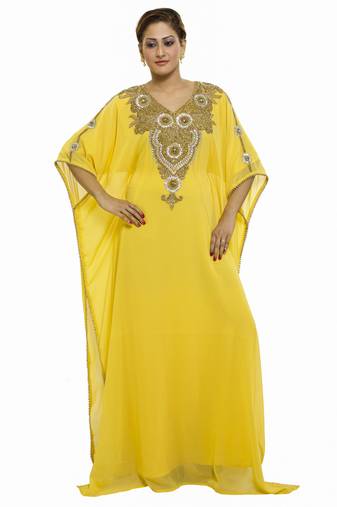 Yellow Eleagnt Modern Arabic Kaftan Dress For Women Wedding Gown