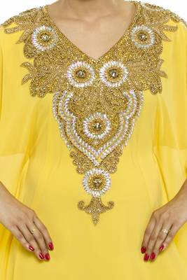Yellow Eleagnt Modern Arabic Kaftan Dress For Women Wedding Gown 3