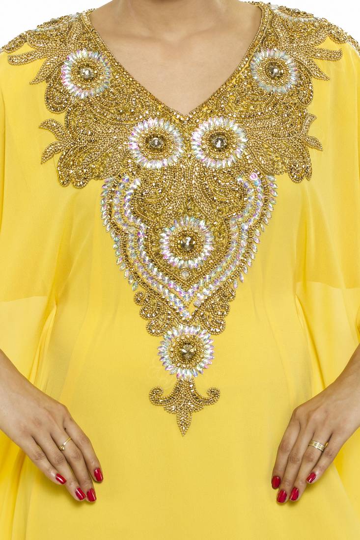 Yellow Eleagnt Modern Arabic Kaftan Dress For Women Wedding Gown