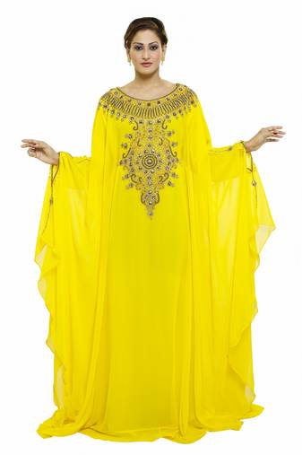 Yellow Beautiful Moroccan Islamic Wedding Gown Party Wear Gown For Women