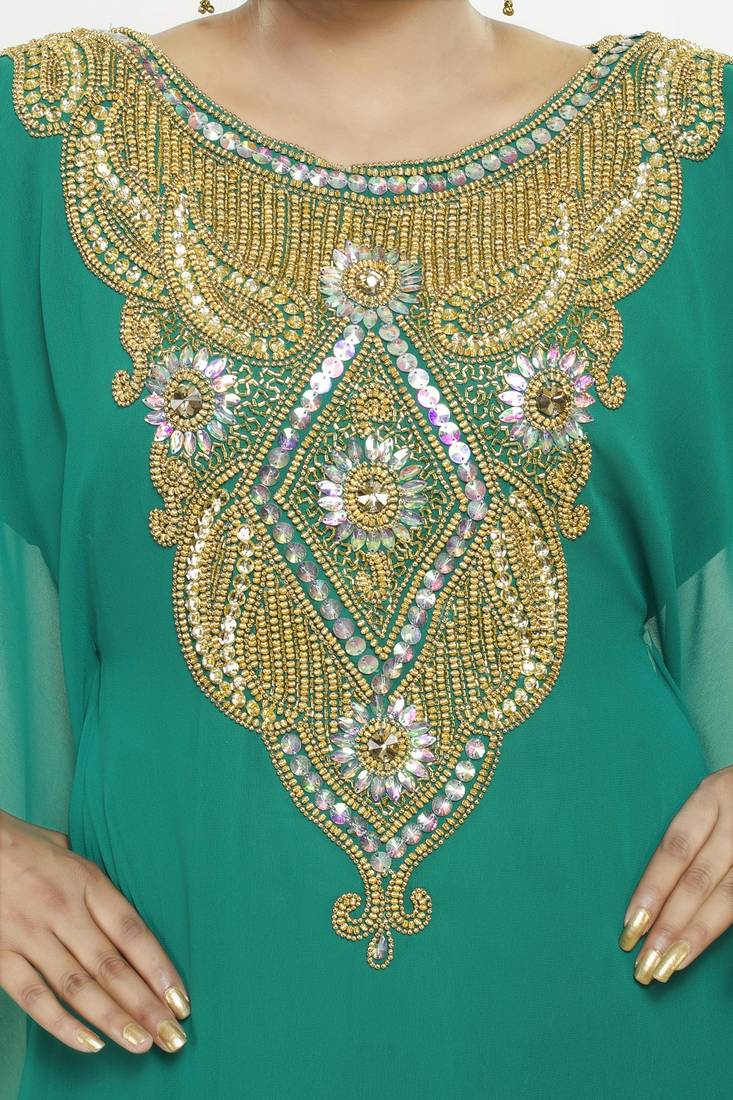 Green Royal  Moroccan Beautiful Zari Work Jilbab Jalabiya Kaftan Dress