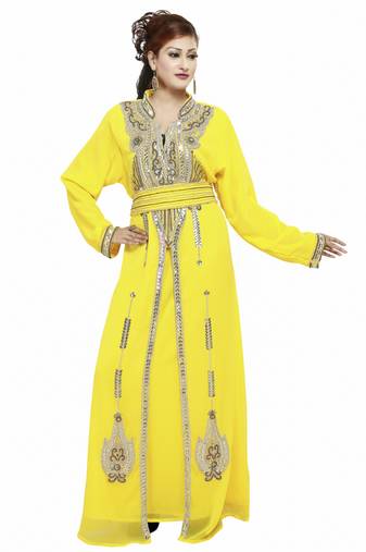 Yellow Beautiful Moroccan Islamic Wedding Gown Party Wear Gown For Women