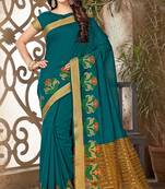Green woven cotton saree with blouse