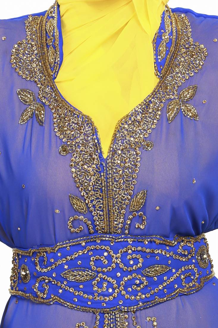 Inner Yellow Jcket Royal  Blue Royal  Moroccan Beautiful Zari Work Jilbab Jalabiya Kaftan Dress