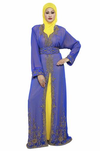 Inner Yellow Jcket Royal  Blue Royal  Moroccan Beautiful Zari Work Jilbab Jalabiya Kaftan Dress