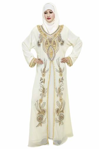 Off White New Modern Moroccan Arabic Eid Kaftan Dress For Women Gown