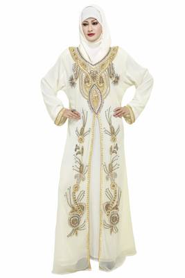 Off White New Modern Moroccan Arabic Eid Kaftan Dress For Women Gown 1