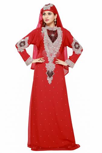 Red Royal  Moroccan Beautiful Zari Work Jilbab Jalabiya Kaftan Dress